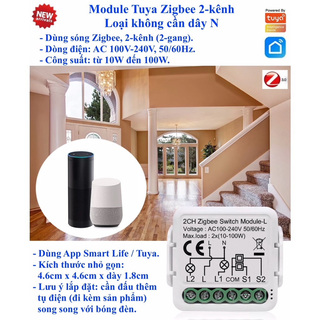 Module (Mô đun) công tắc Zigbee / Wifi không cần dây N (dây Nguội), App Smart Life / Tuya / Home Assistant. Mẫu 0 -