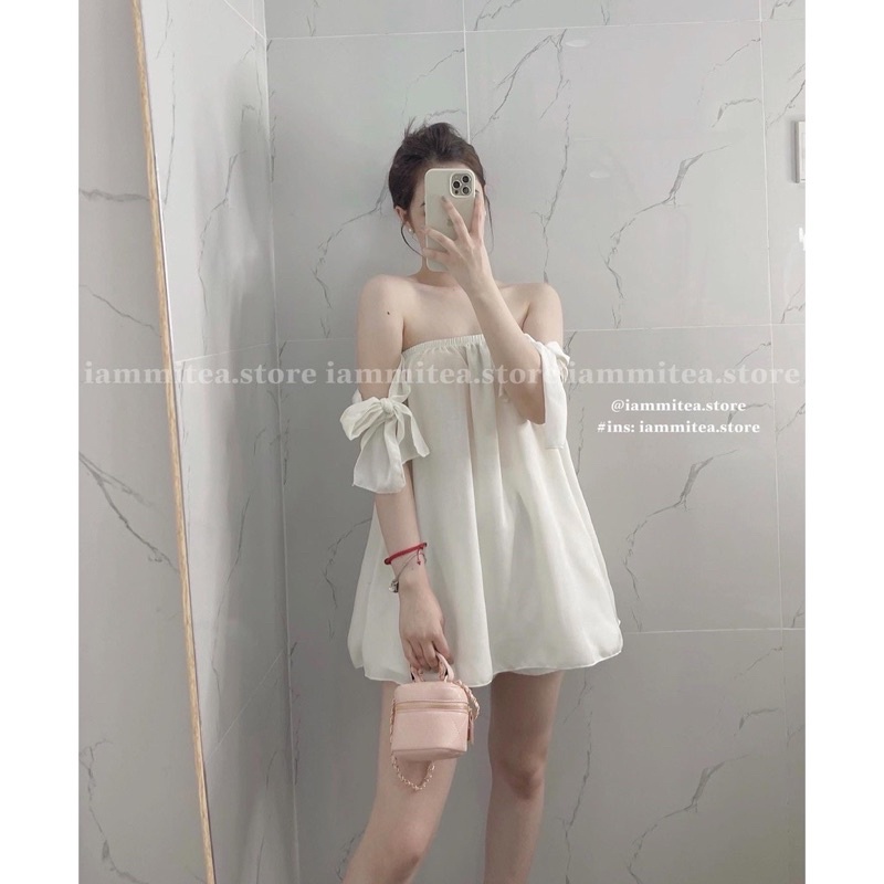 Áo trễ vai thắt nơ tay baby chất đẹp Michi ,áo kiểu nữ trễ baby thăt nơ vai