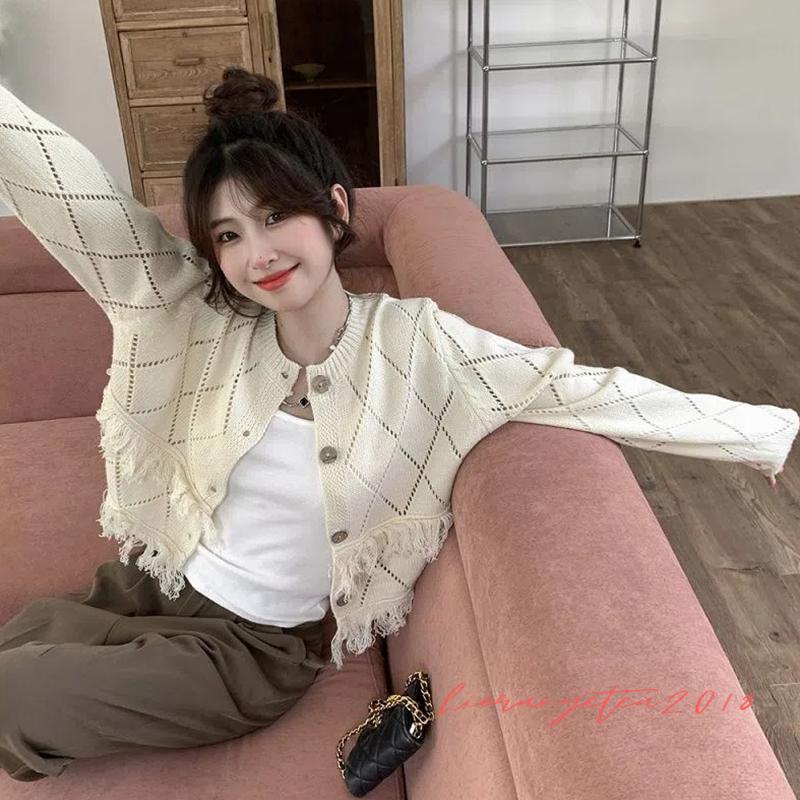 Ort-áo Khoác Cardigan Dệt Kim Tay Dài Khoét Lỗ Cài Nút Màu Sắc Ngọt Ngào Cho Nữ
