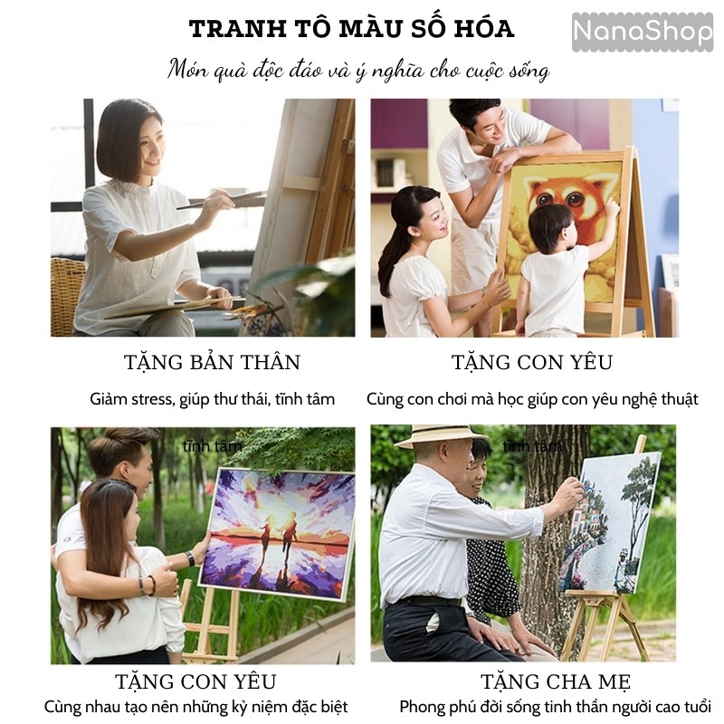 Tranh tự tô màu theo số hình con vật có khung vải Canvas, Tranh số hóa DIY