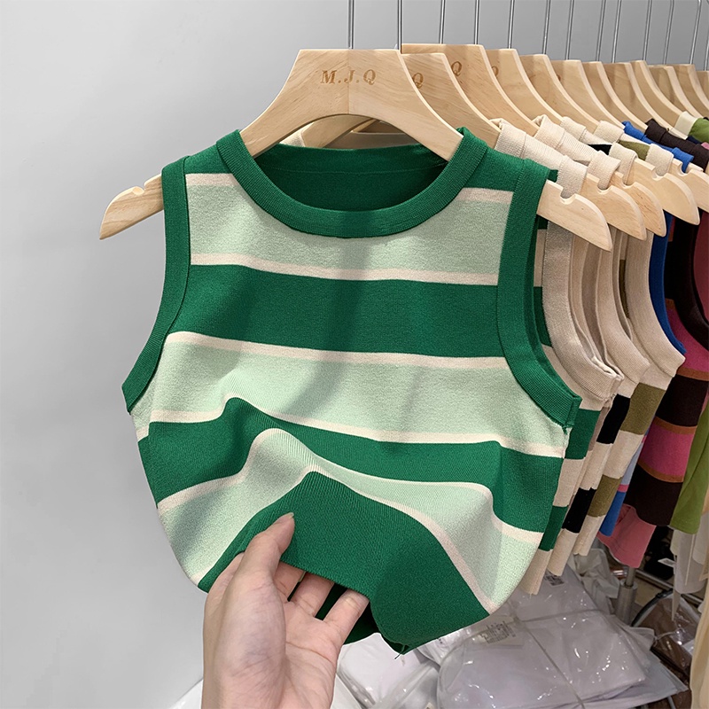 Áo Dệt Kim Sát Nách Dáng Ngắn Họa Tiết Kẻ Sọc Thời Trang Mùa Hè Cho Nữ 54257