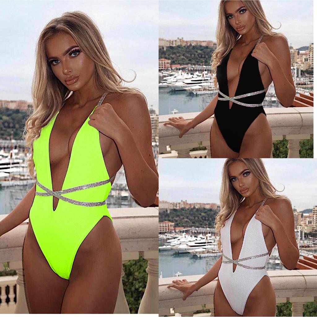 Bikini Deep V Backless Áo tắm một mảnh Sequin Dây đeo Bộ bikini liền mảnh