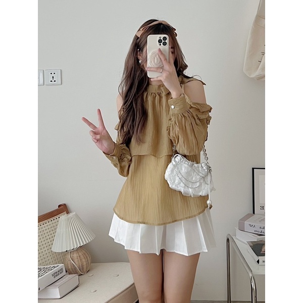 Áo sơ mi dài tay voan tơ trễ vai bánh bèo LOLI