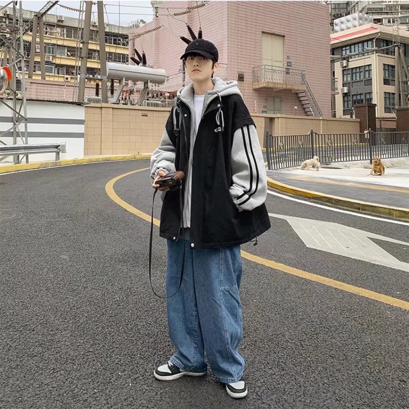 Áo khoác hoodie có khóa kéo giả hai lớp phong cách Hàn Quốc thời trang dành cho nam