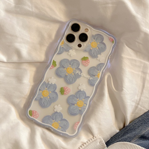 Ốp Điện Thoại Trong Suốt Thiết Kế Gợn Sóng In Hoa/ Dâu Tây Xanh Dương Cho iphone 13 12 11 pro max x xr xs max7 8 plus