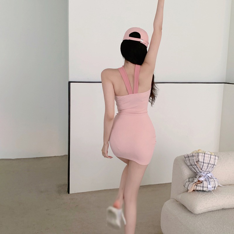 Đầm Không Tay Hở Lưng Dáng Ôm Màu Sắc Tương Phản Phong Cách Hàn Quốc Dành Cho Nữ