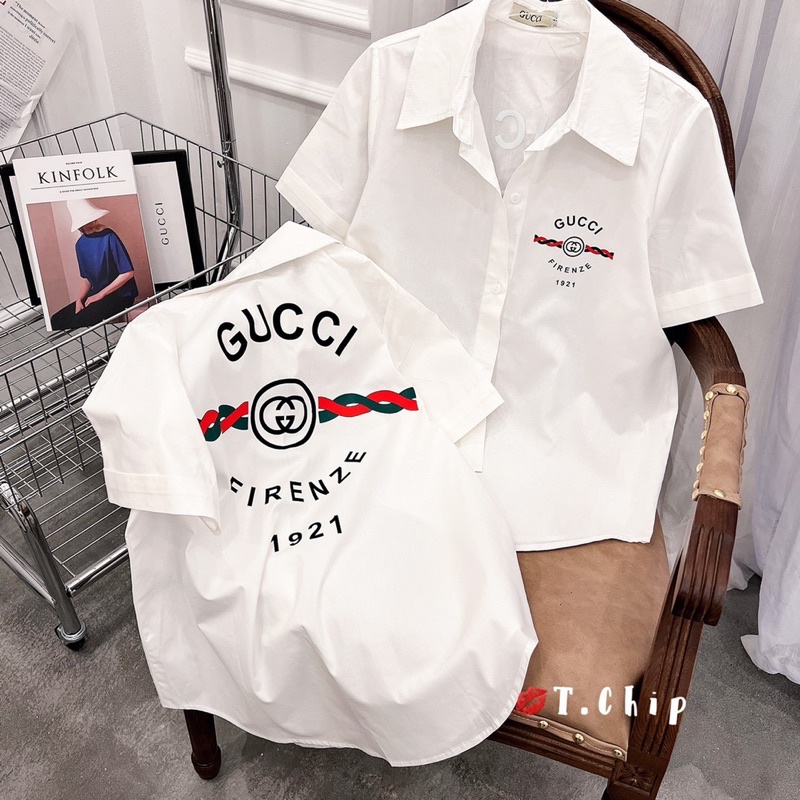 Áo sơ mi thô cộc tay gucci in logo 2 mặt