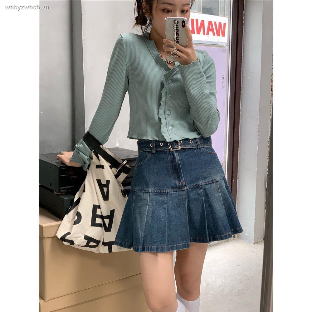 Chân váy jean xếp ly màu xanh đậm phong cách cổ điển cho nữ thời trang phong cách hàng loại 1 chất đẹp