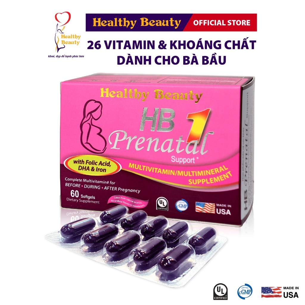 HB Prenatal 1 Multi DHA Support Bổ Sung 26 Vitamin &amp; Khoáng Chất Cho Bà Bầu Mỹ Healthy Beauty Hộp 30 viên
