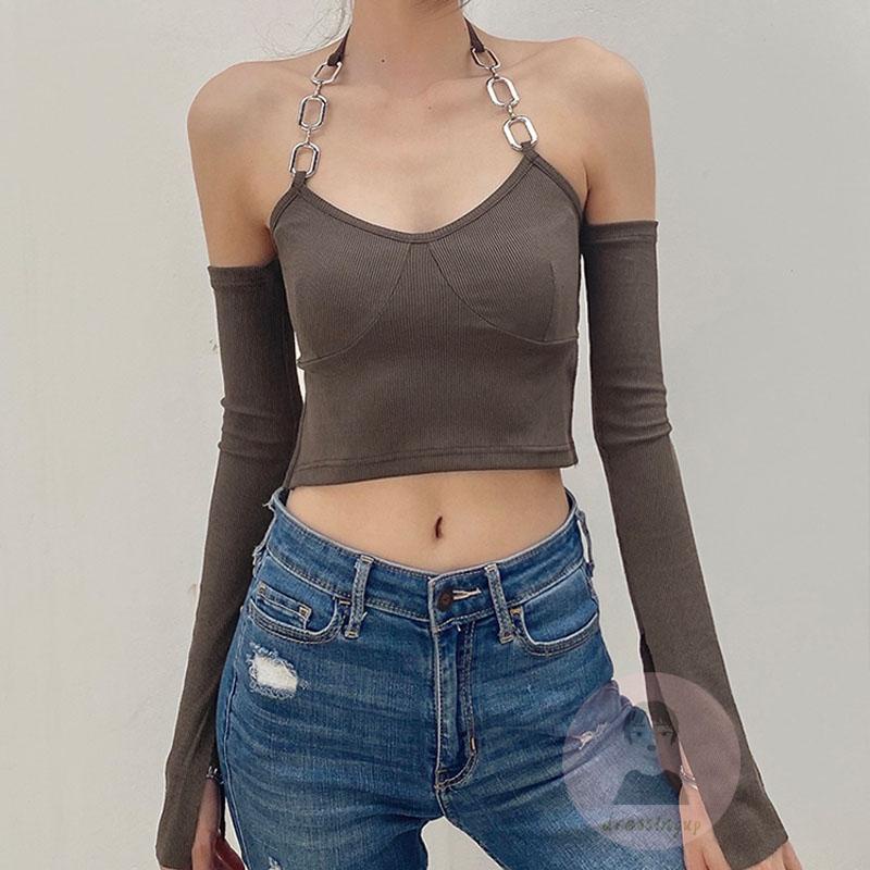 Áo Thun Dài Tay Cổ Thuyền Hở Rốn Màu Sắc Trơn Gợi Cảm Cho Nữ