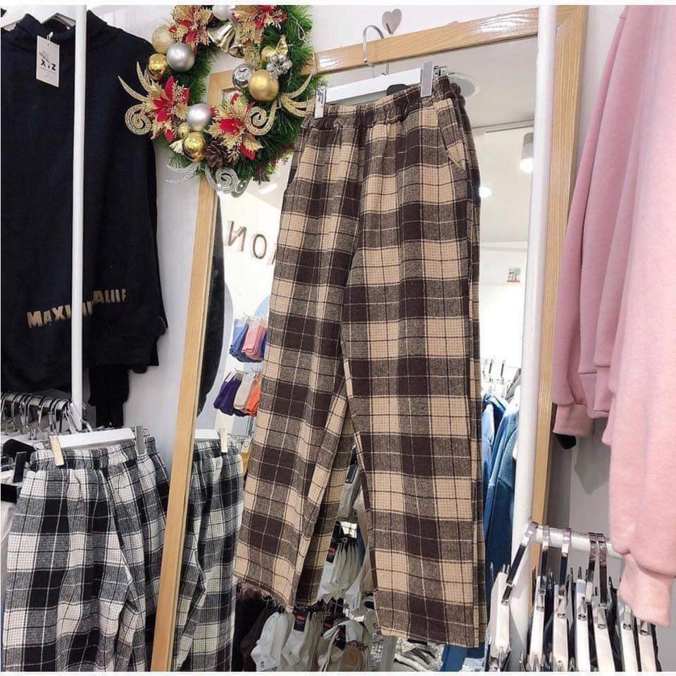 Quần Baggy Nam Nữ Kẻ Caro PLAID Ống Suông Unisex - Kiểu quần baggy nữ vải Plaid kẻ caro dáng suông rộng