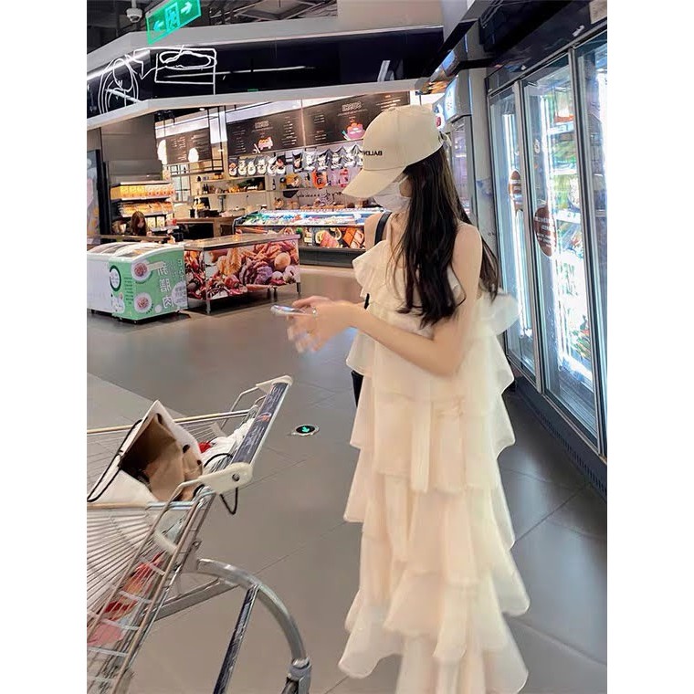 🎁🎁 Váy Hai Dây Trắng Có Tầng Bèo Dáng Dài Xinh Đi Chơi Đi Tiệc