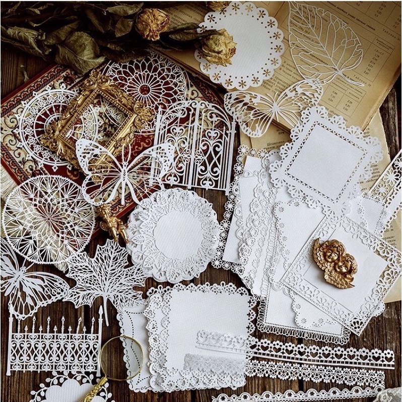 Set 10 giấy ren hoa 10x10 lace paper die cut trang trí sổ tay, làm thiệp, viết thư, planner, bujo