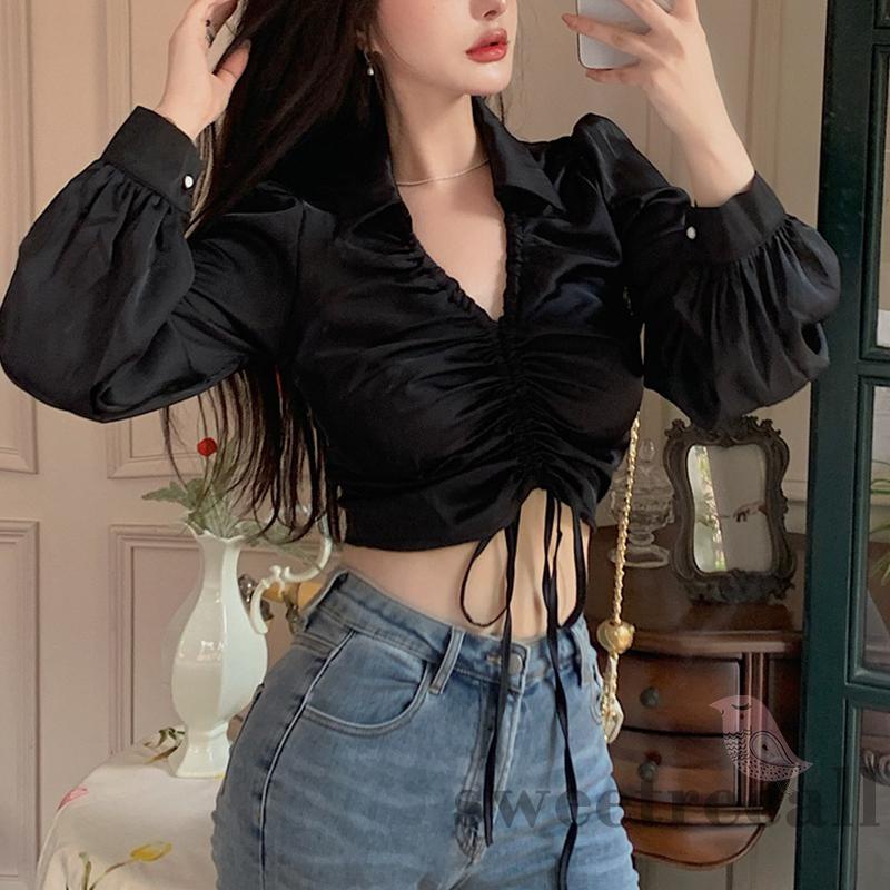 Áo Sơ Mi Crop Top Vải Satin Tay Phồng Dài Cổ Chữ V Màu Trơn Phối Dây Rút Phía Trước Xinh Xắn Cho Nữ