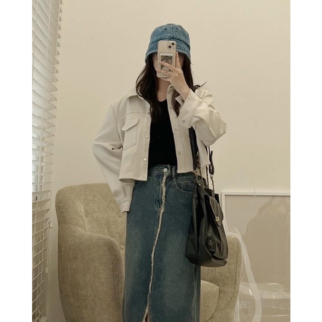 ÁO KHOÁC DA LỘN CROPTOP CÚC BẤM 1909 SIÊU TRENDY