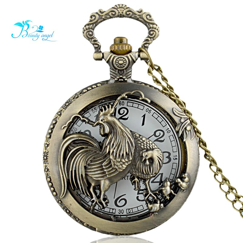 Đồng Hồ Quả Quýt Chạm Khắc Hình Chú Gà Phong Cách Vintage