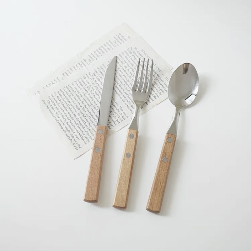 (sẵn) Bộ thìa, nĩa, dao inox cao cấp cán gỗ
