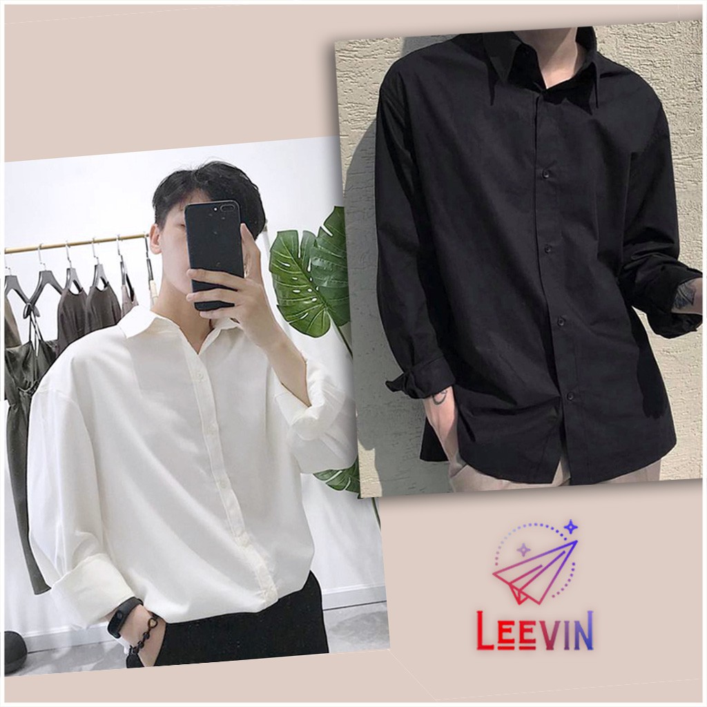 Áo sơ mi nam nữ dài tay Unisex Basic TRƠN Form rộng màu trắng và đen Chất cotton lụa mịn mát Bigsize Leevin Store - HÀNG