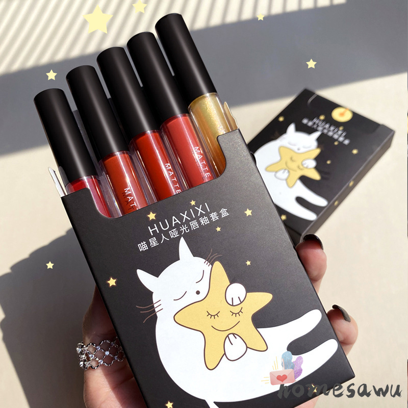Set 5 son môi Huaxixi thiết kế vỏ họa tiết chú mèo ôm ngôi sao thời trang