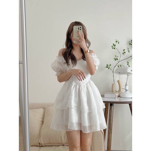 sẵn //Váy tơ organza siêu sang - Đầm dự tiệc cúp ngực chun lưng