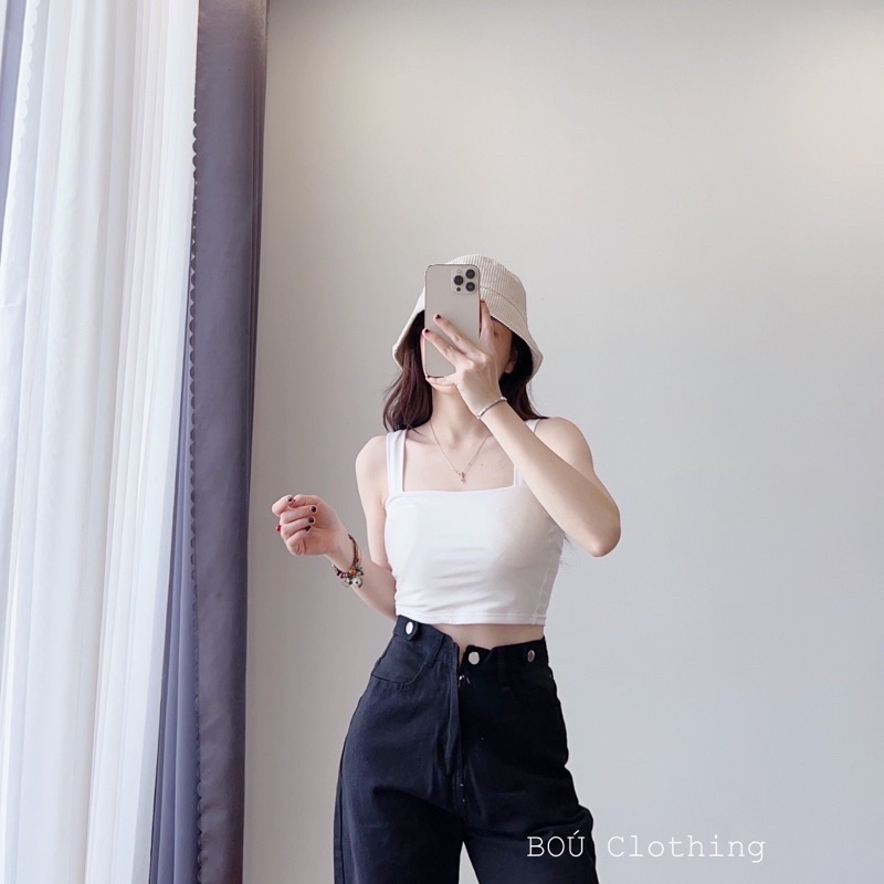 Áo hai dây bản to - áo 2s croptop thun borip có mút ngực - A0120