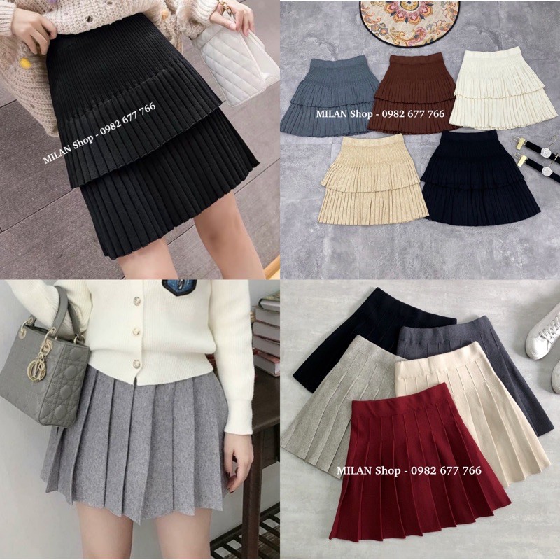 Chân váy len xếp ly ngắn đến gối 2 kiểu hot