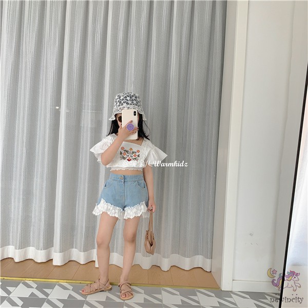 Áo Kiểu Tay Ngắn Phối Ren Hoa Dành Cho Bé Gái