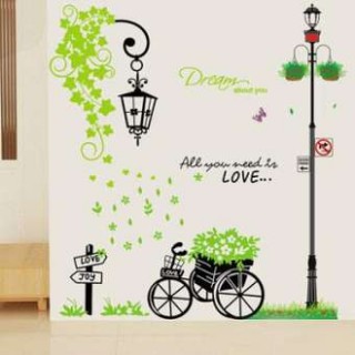 Decal dán tường Tranh dán tường Xe Đạp Giỏ Hoa và Cột đèn trang trí