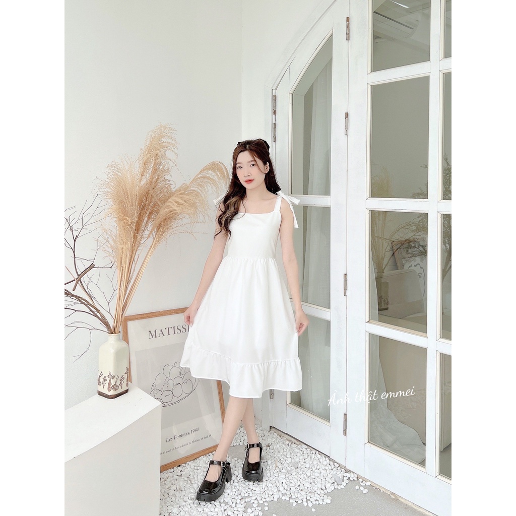 Đầm hai dây buộc nơ, váy hai dây trắng xèo hàn quốc Emme v8 | BigBuy360 - bigbuy360.vn