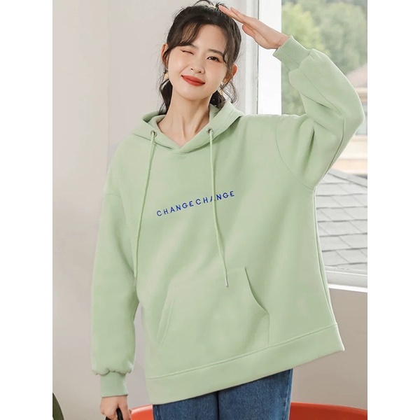 Áo Hoodie Nỉ Bông Tay Dài Unisex Chữ Xanh Đậu