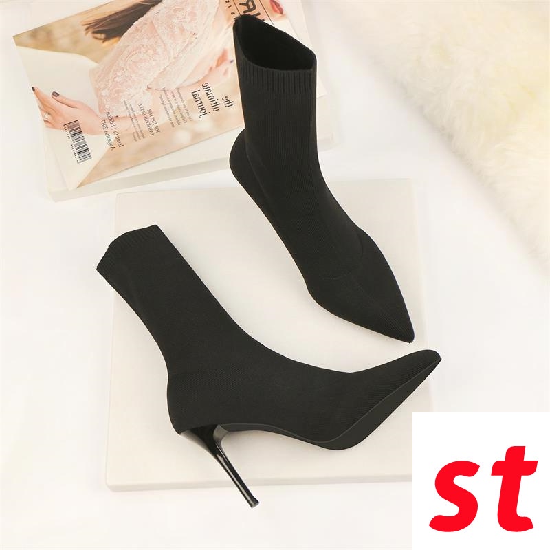 Giày Bốt Cao Gót Mũi Nhọn 7cm Bằng Len Thời Trang Thu Đông Cho Nữ