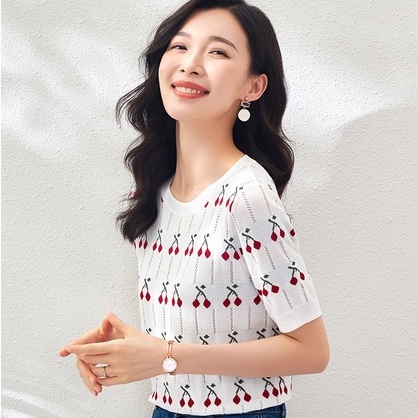 【ZHELIHANGFEI】 / Áo Thun Dệt Kim Tay Ngắn Khoét Rỗng