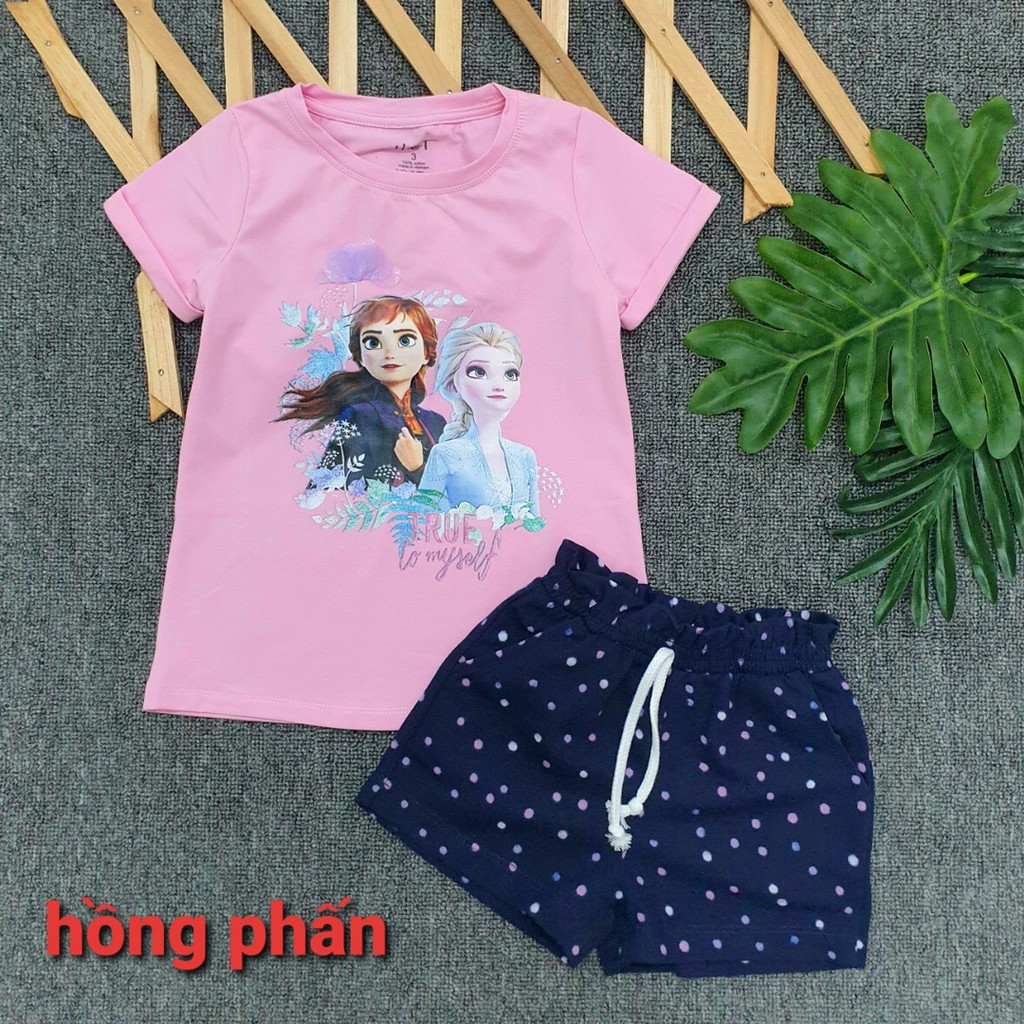 Bộ thun cotton công chúa elsa anna quần short chấm bi