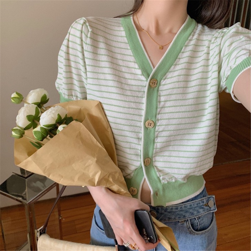 Áo Cardigan Ngắn Tay Kẻ Sọc Màu Sắc Trơn Phong Cách Retro Hàn Quốc