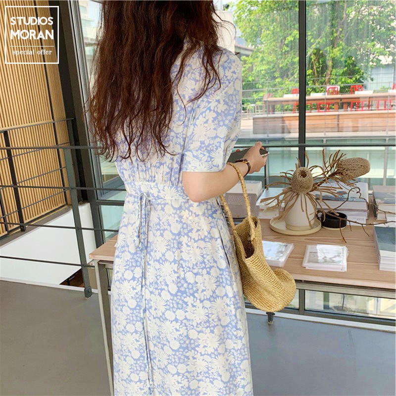 Váy MORAN hoa xanh tươi mát nhẹ nhàng cổ V thắt nơ eo vintage Hàn Quốc điệu đà