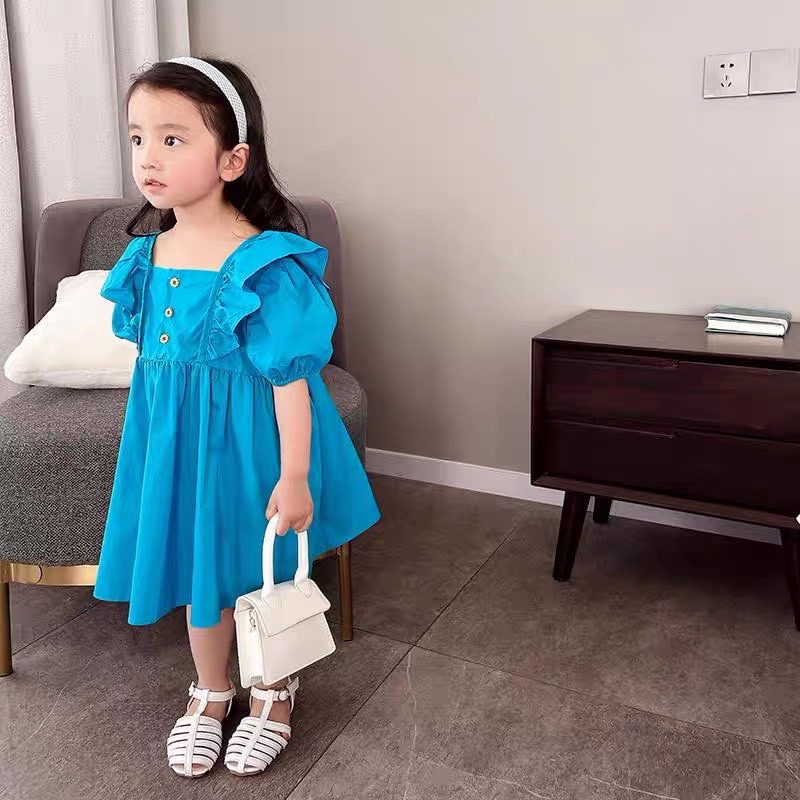 Váy đầm xanh coban dải cúc cho bé gái