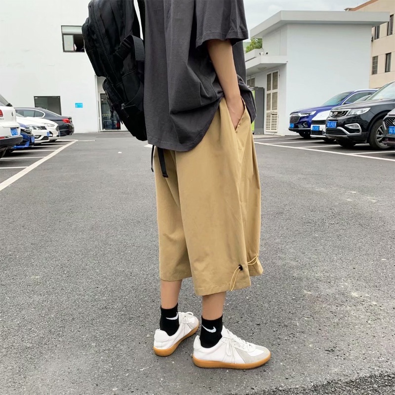 Khaki Male Wide Leg Cargo Pants Fashion Retro Cropped Box Pants for Men Korean Style Multi-pocket Hip Hop Streetwear
