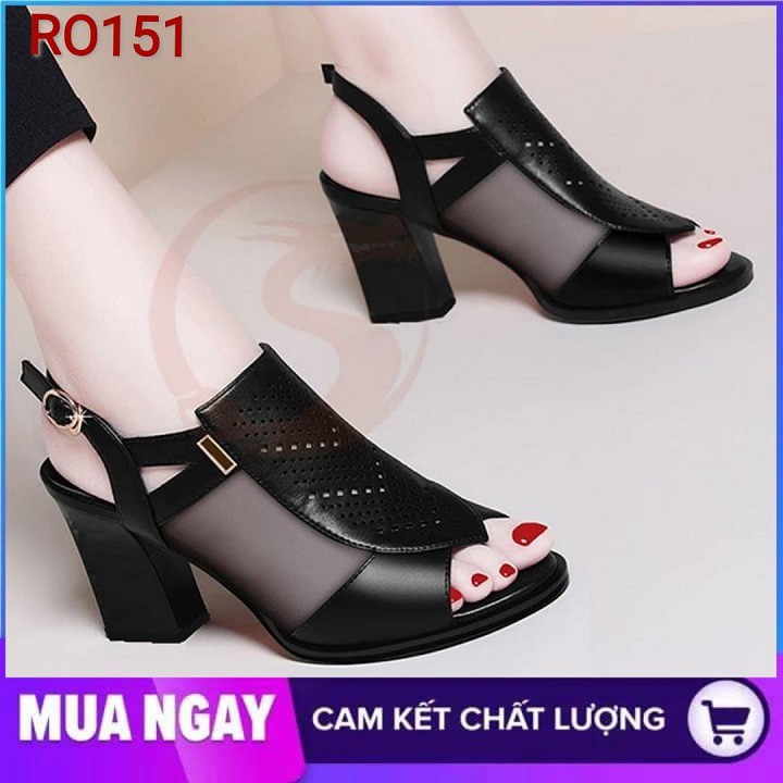 Giày cao gót nữ đẹp đế vuông 7cm hàng hiệu rosata hai màu đen kem ro151