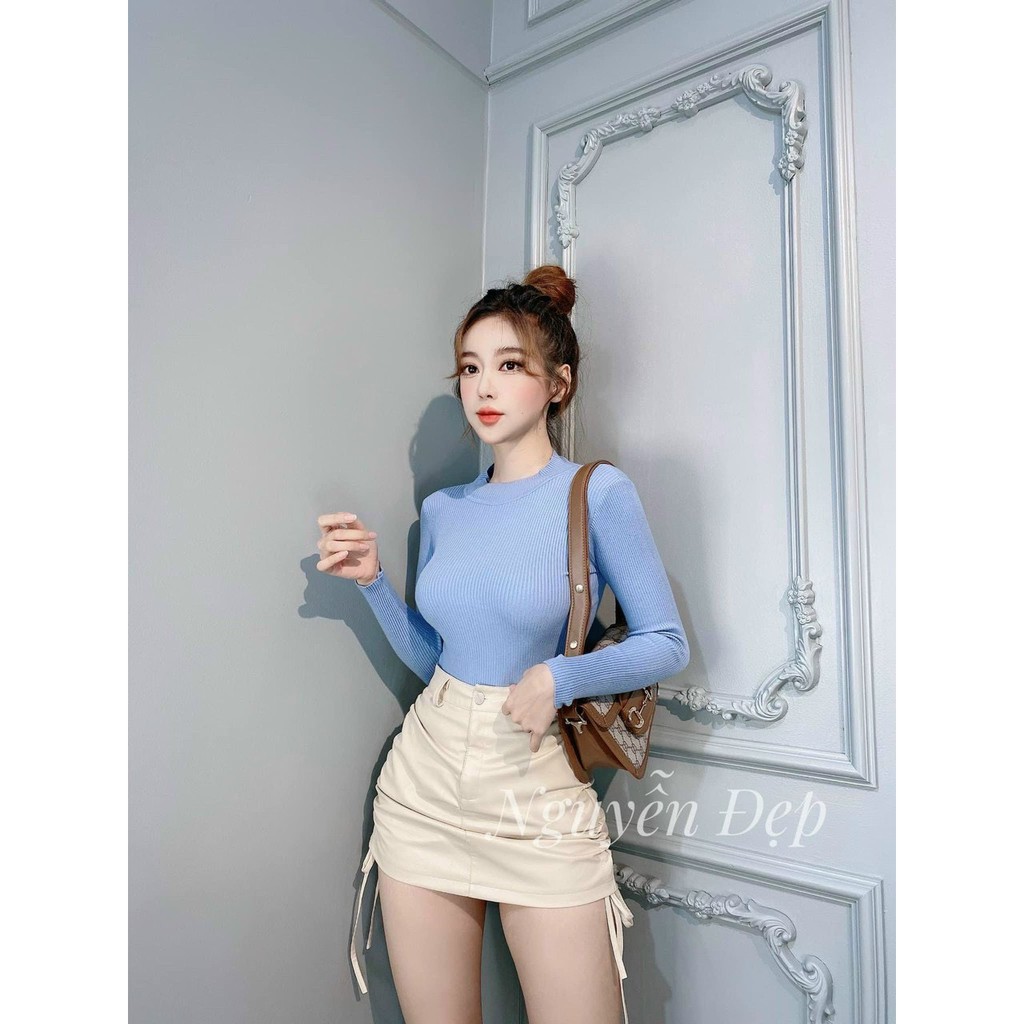 Áo len quảng châu cổ lọ 3p tay dài trơn ôm dáng basic LB65