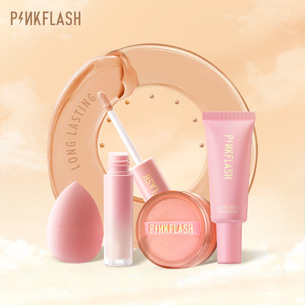 Set kem nền/kem che khuyết điểm/phấn phủ và mút trang điểm PINKFLASH kiềm dầu chống thấm nước lâu trôi cho mùa hè 4 Pieces 120g | BigBuy360 - bigbuy360.vn