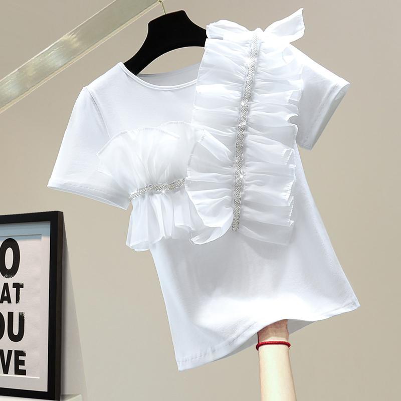 Áo Chiffon Tay Ngắn Phối Bèo Đính Hạt Cườm Lấp Lánh Phong Cách Hàn Quốc Thời Trang Cho Nữ 2021