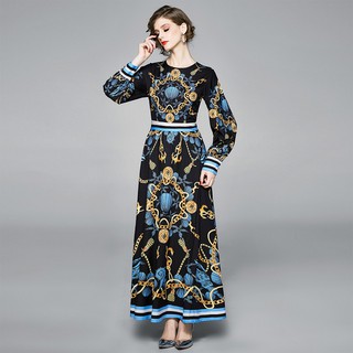 Đầm Maxi Nữ Tay Dài In Hoa Phong Cách Châu Âu Cổ Điển