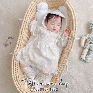 Set váy bé gái đũi mềm thêu hoa kèm mũ xinh xắn