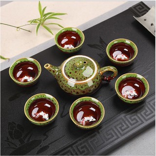 Bộ Ấm Chén Men Ngọc Cá 3D Loại 1 Túi Hộp Sang Trọng Mắt Hổ Phách Xanh