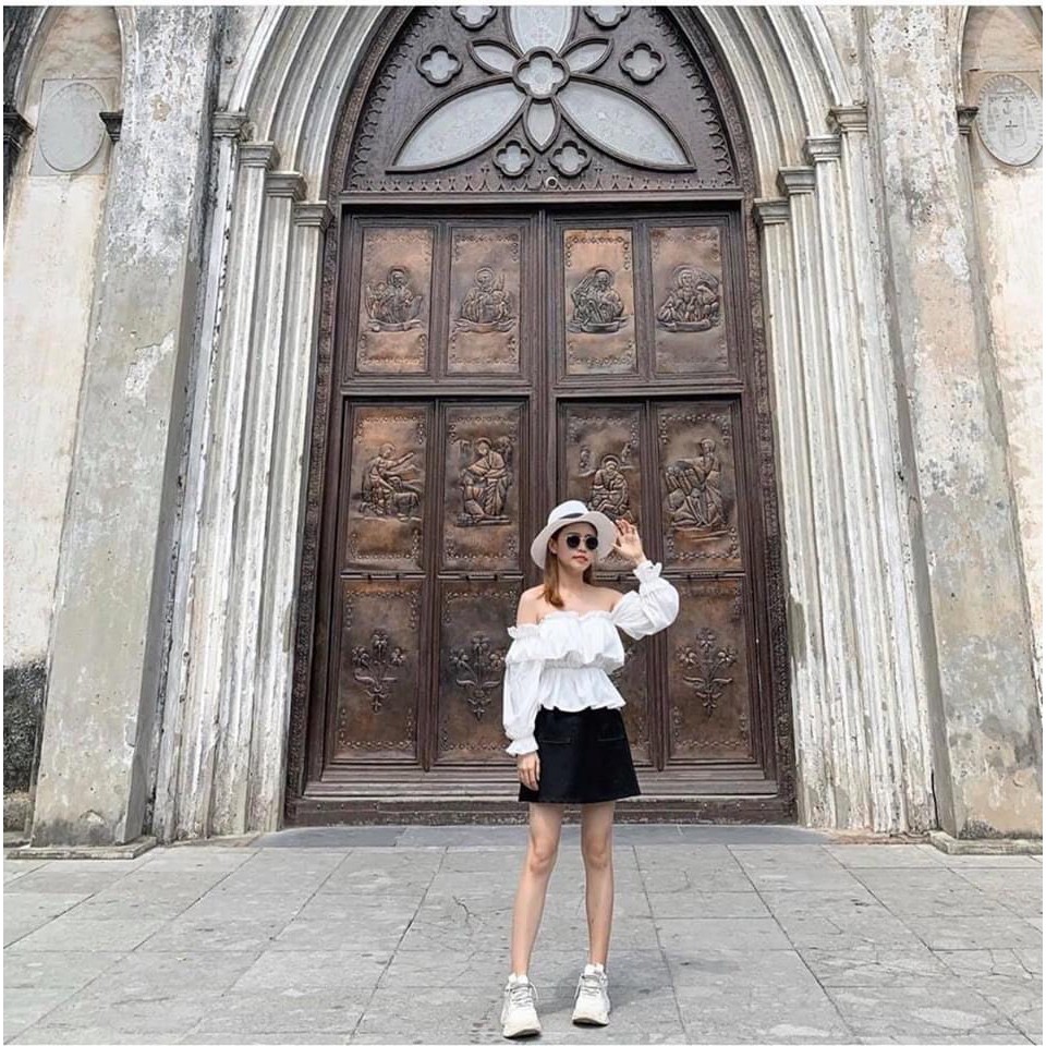 áo trễ vai tầng bèo tay dài xinh chất kate mềm