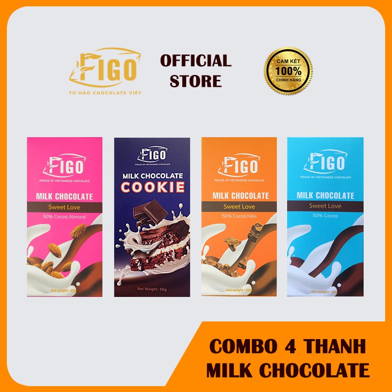 Combo 4 HỘP Milk Chocolate nhân Hạnh nhân + Cookie + Nibs + Nhân sữa, Socola sữa 50% Cacao Hộp 50g Figo