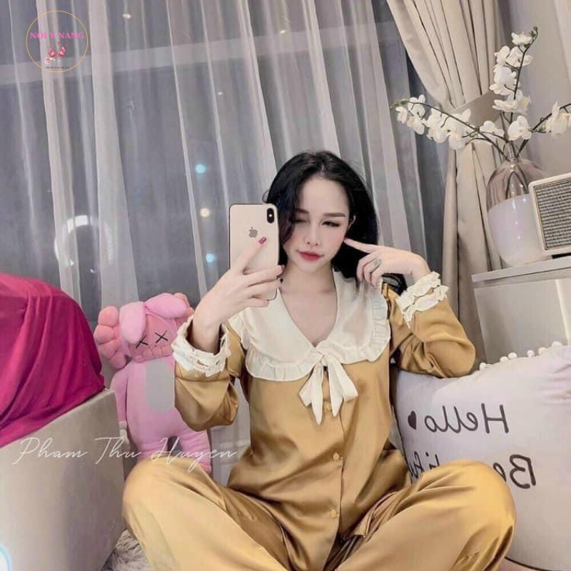 Bộ pijama dài tay cổ thắt nơ công chúa dễ thương, bộ pijama chất liệu satin mềm mát  loại 1 NL150