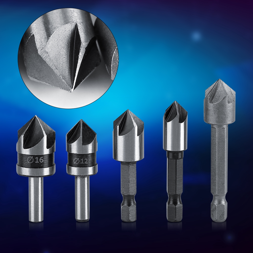 5pcs/set High Speed Steel Industrial Countersink Drill 5 Flutes Woodworking Chamfering Cutter