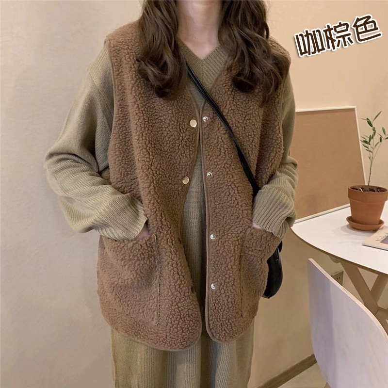 Áo khoác len lông cừu sát nách cổ chữ V dáng rộng thời trang 26826