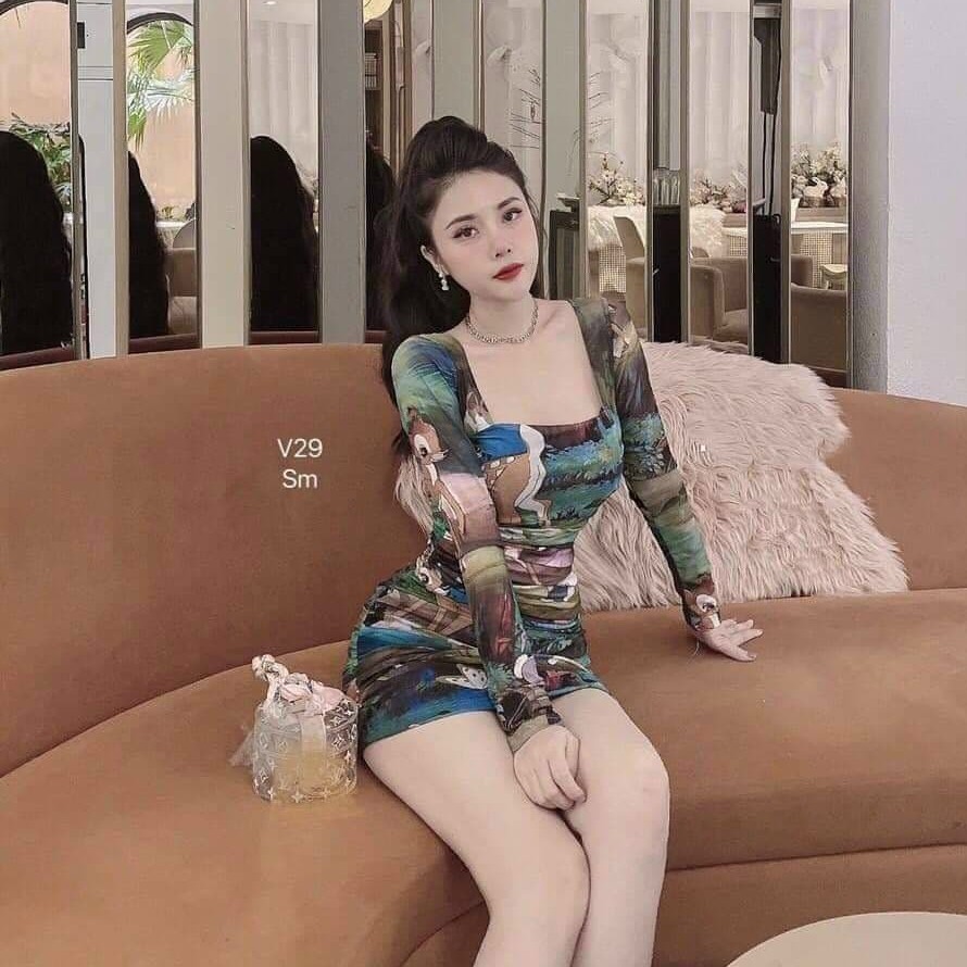 [Mẫu Mới]Đầm Nữ BODY Cổ Vuông Tay Dài Họa Tiết Thiết Kế Tôn Dáng Thời Trang Thích Hợp Đi Dạo, Dự Tiệc | BigBuy360 - bigbuy360.vn